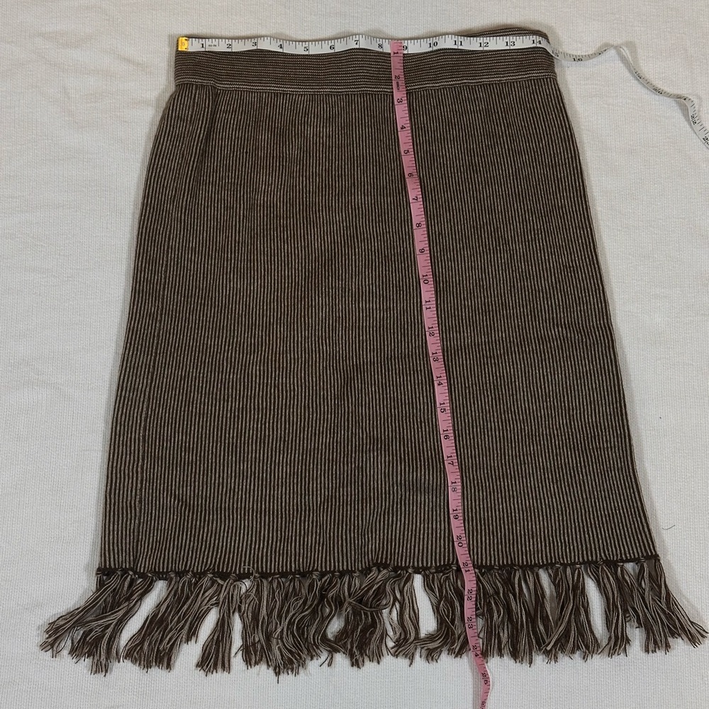 Kenar Brown Beige Striped Fringe Wool Knit Skirt Midi Tassel Medium 90’s - Picture 6 of 6